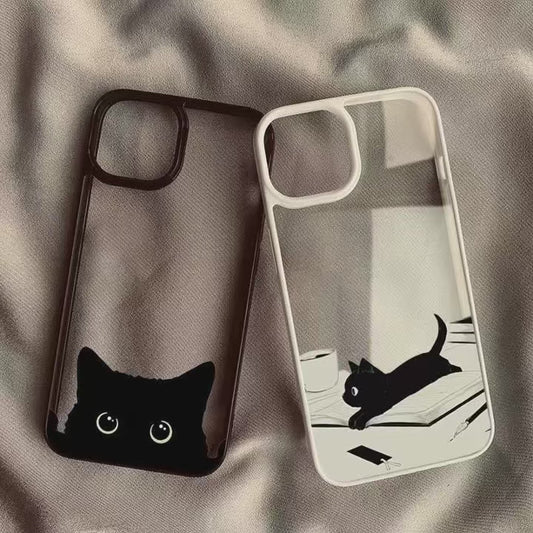 Cute Black Cat Pattern Hard Clear Phone Case For iPhone 15 16 17 Pro Max 16 Plus 17 Air 16E 14 13 12 11 Pro MINI Anti-fall Cover