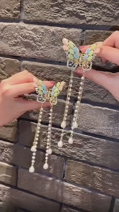 Glitter Shark Grip Clips Korean Style Sweet Romantic Hair Claws Butterfly Shape Girls Pearl Tassel Metal Jewelry Hair Accessory