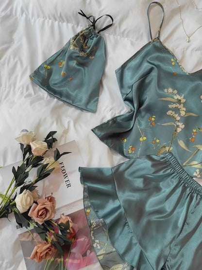 Elegant Floral Print Cami Tops Ruffle Hem Shorts Pajama Set Women's Sleepwear Loungewear